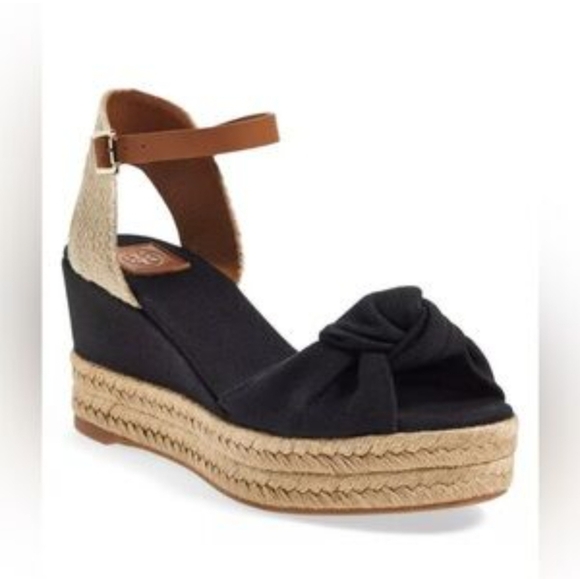 TORY BURCH Knotted Bow Wedge Espadrille Platform Sandal Black/NAVY/ Tan SIZE 6.5 - Picture 7 of 16